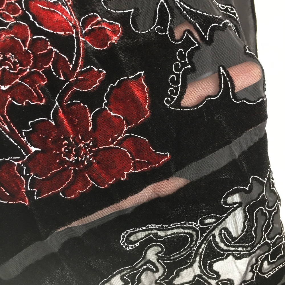 Floral Velvet Burnout Wide Scarf Wrap Black Red Sheer Fringe Evening Romantic - Picture 7 of 15